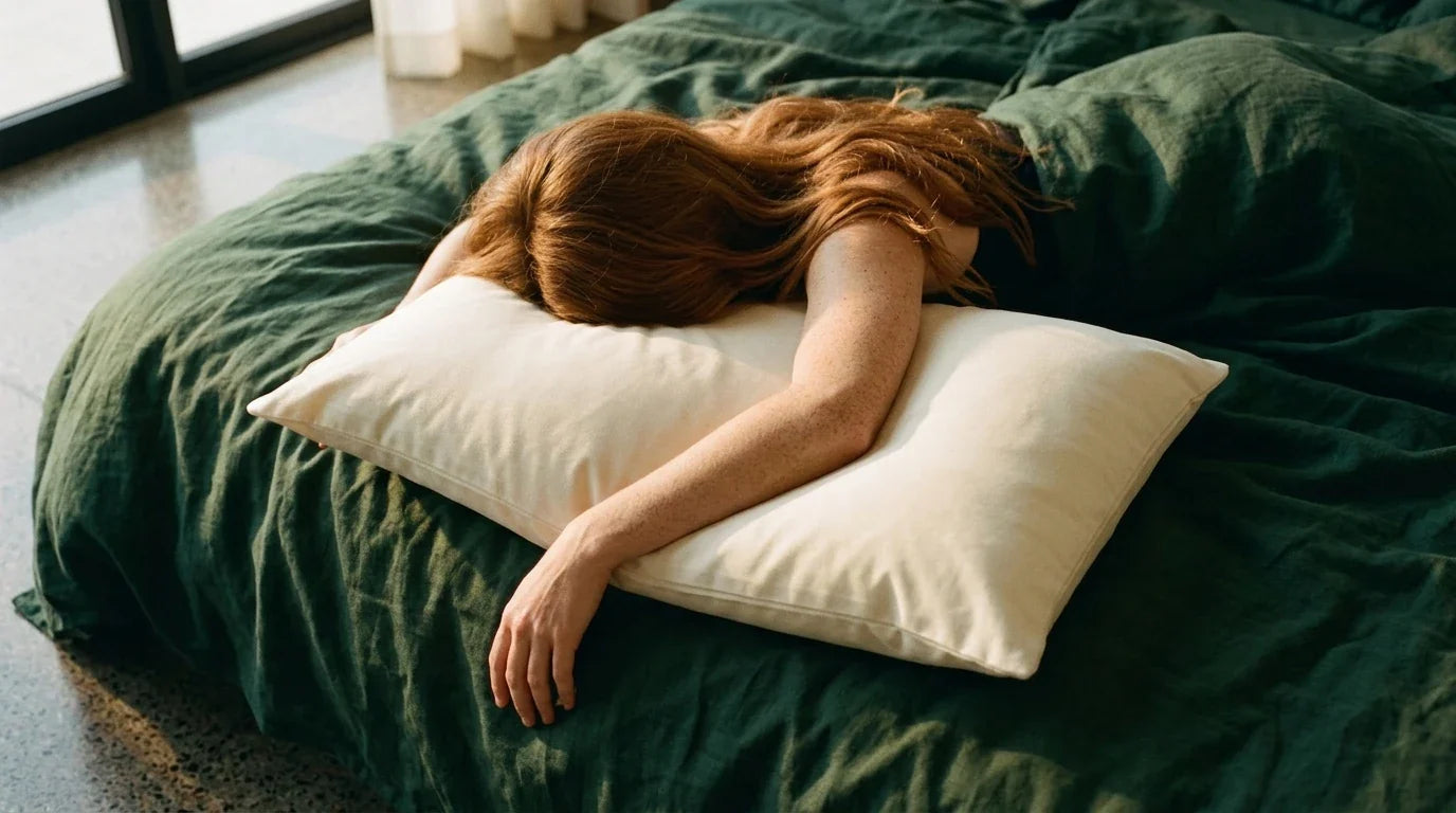 Woman with copper-auburn hair sleeping face-down on cream rectangular pillow with green linen bedding