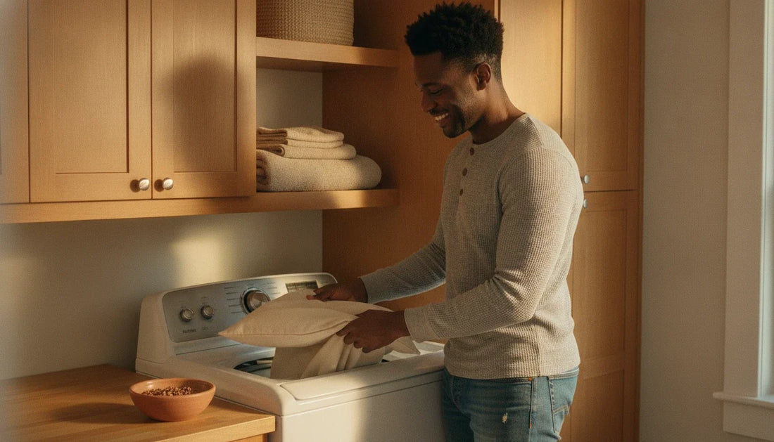 Man loading a cream pillow cover into a washing machine, buckwheat hulls set aside in a bowl