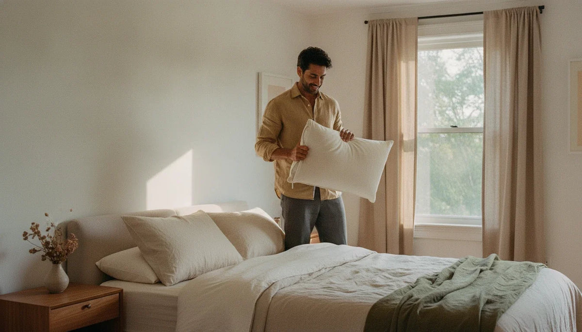 Man fitting a cream waterproof organic cotton pillow protector onto a Circadian pillow in a bright bedroom