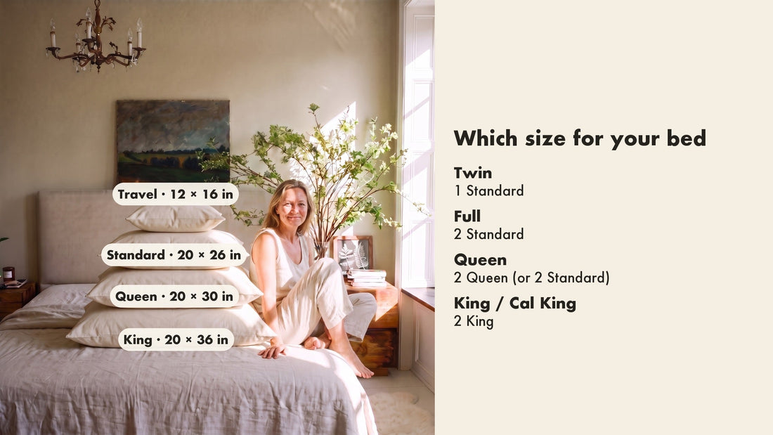 Circadian Organic Cotton Pillows stacked on a bed in travel 12 by 16, standard 20 by 26, queen 20 by 30 and king 20 by 36 inch sizes, beside a chart of which size fits a twin, full, queen and king bed