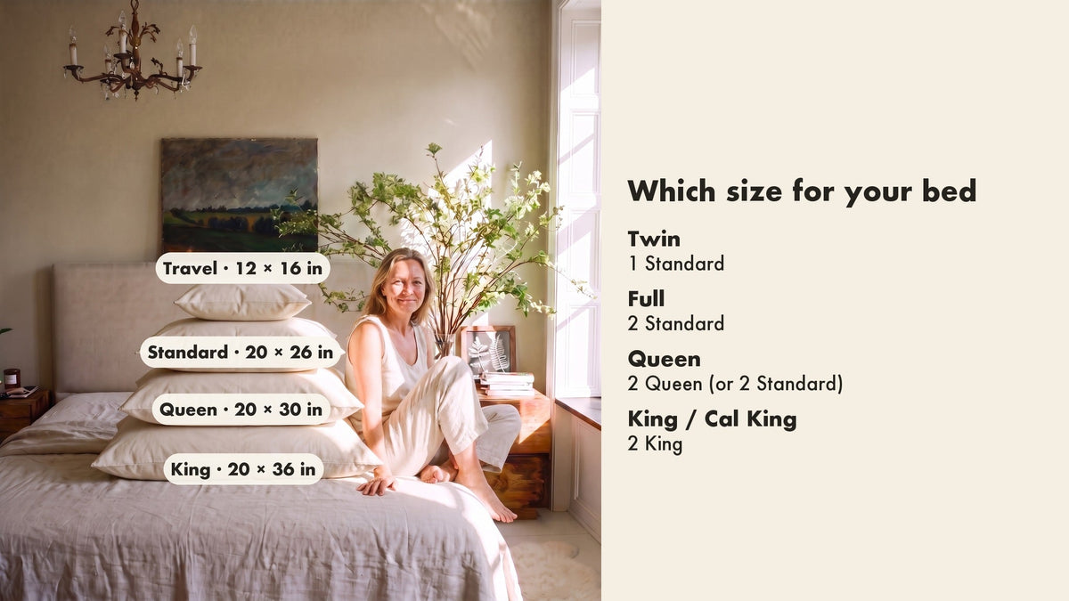 Circadian Organic Cotton Pillows stacked on a bed in travel 12 by 16, standard 20 by 26, queen 20 by 30 and king 20 by 36 inch sizes, beside a chart of which size fits a twin, full, queen and king bed