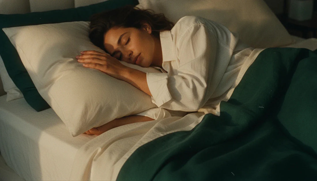 Woman sleeping on her side with head, neck, and shoulders aligned on a rectangular pillow