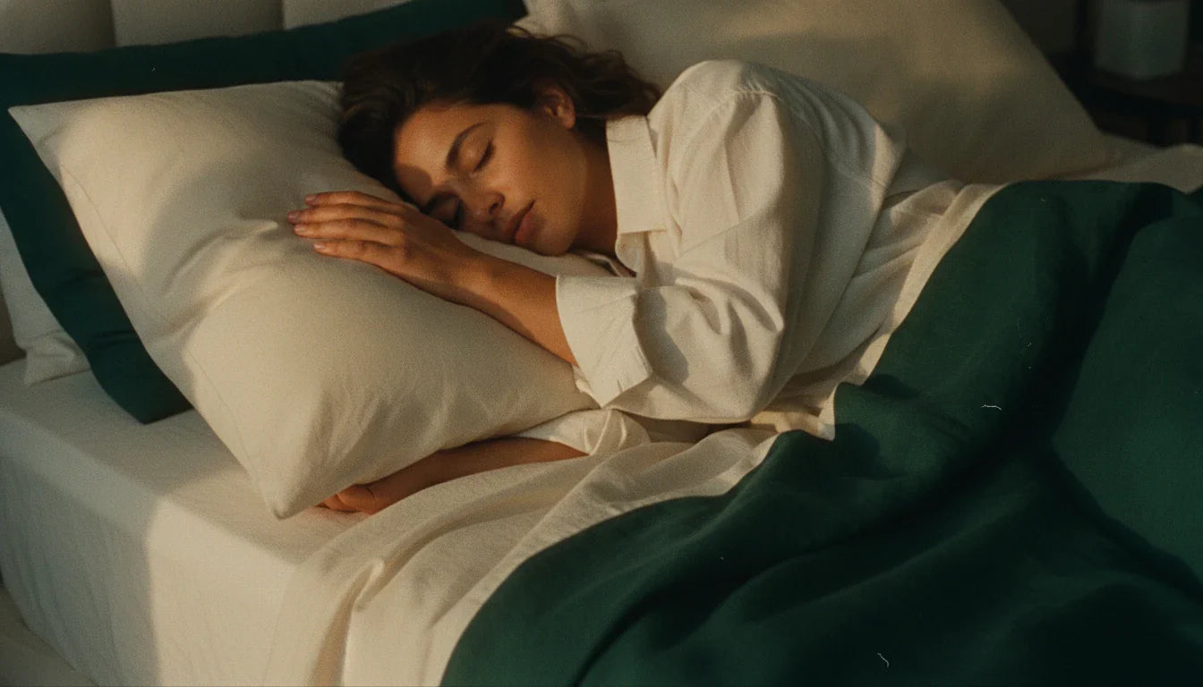 Woman sleeping on her side with head, neck, and shoulders aligned on a rectangular pillow