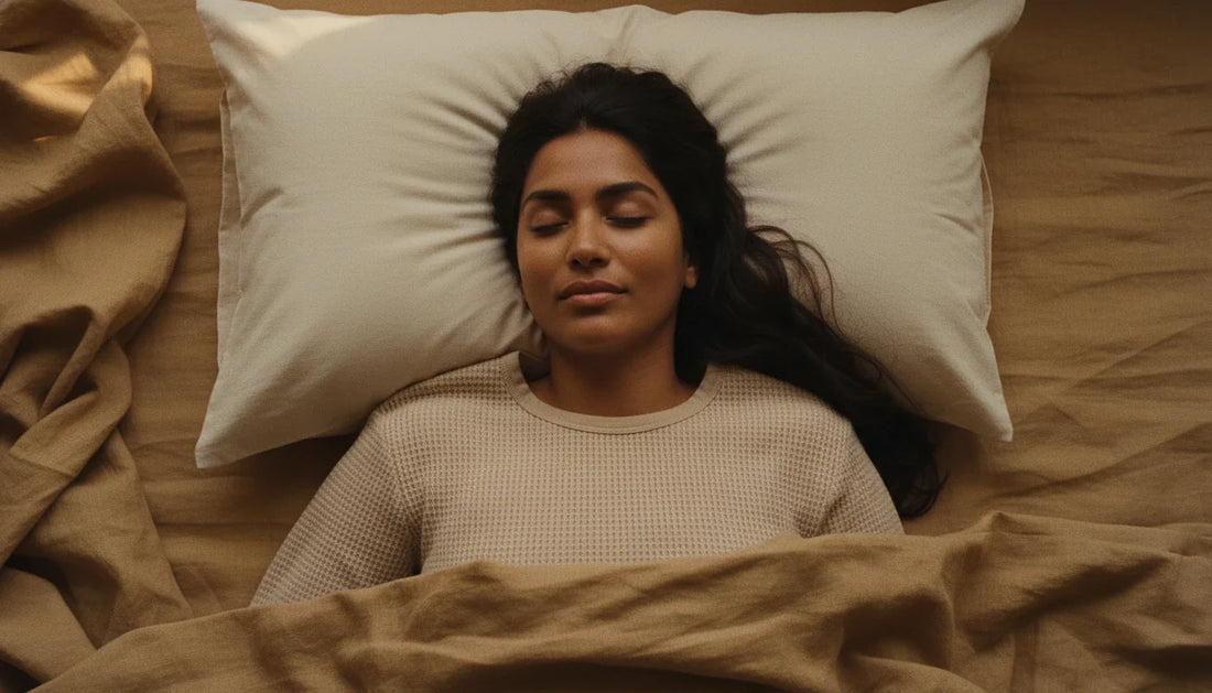 South Asian woman sleeping on back on rectangular cream cotton pillow - overhead bird's-eye editorial shot