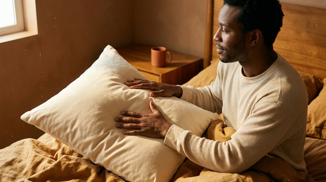 Person fluffing an organic cotton pillow on a bed with natural light coming through a window