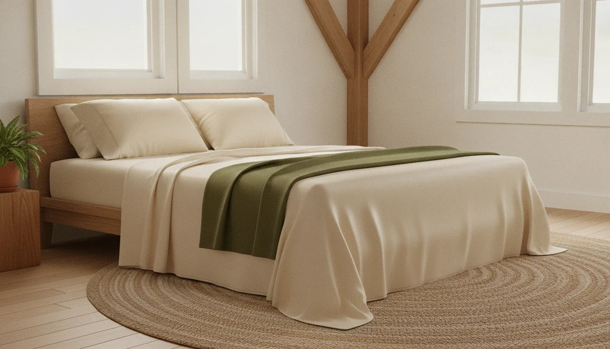 Made bed with organic cotton sateen sheets folded back to show the weave, bright vaulted-ceiling bedroom