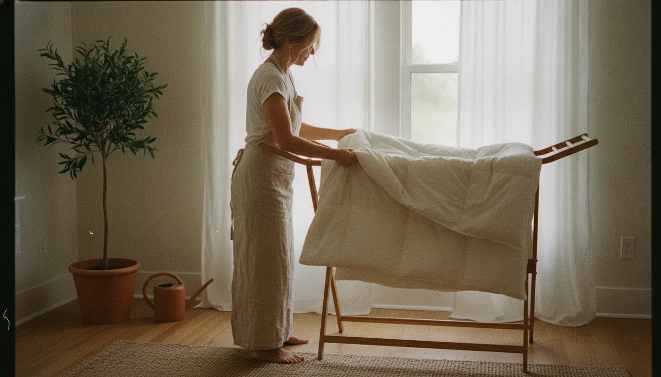 Wool and cotton duvet hanging to air dry flat indoors out of direct sunlight