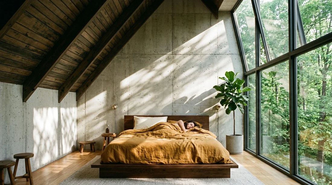 A-frame cathedral bedroom with vaulted wood ceiling and forest windows, woman sleeping as warm subtle detail under duvet