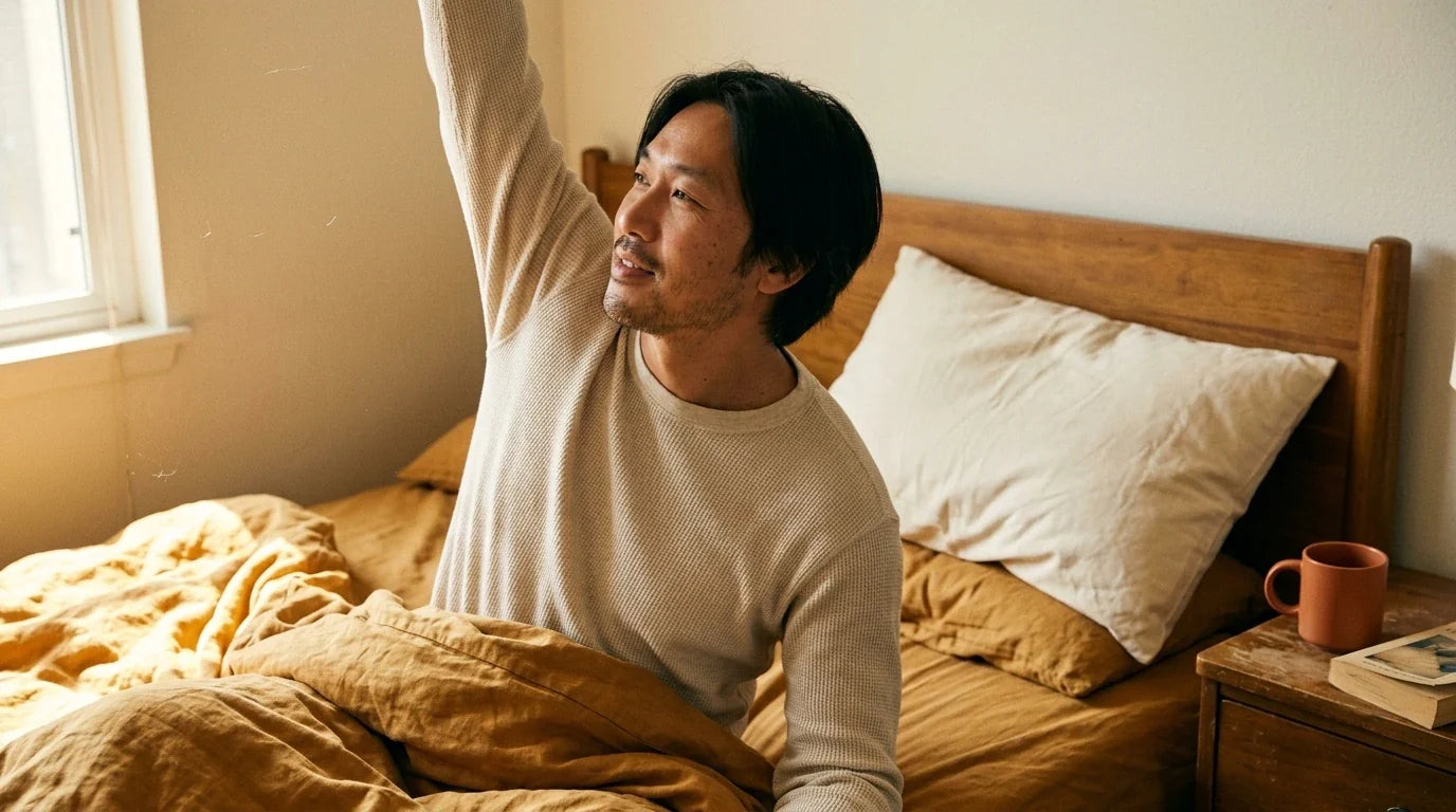 Man waking up refreshed in bed next to a cream rectangular pillow - warm morning light, natural linen bedding