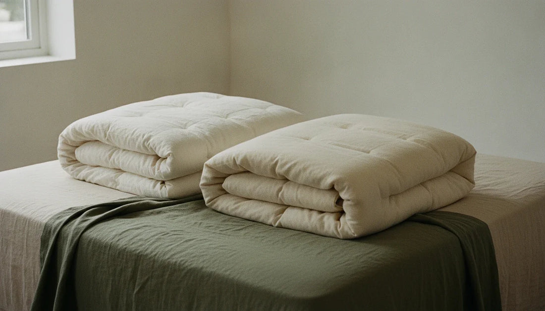 Folded organic cotton and organic wool duvets stacked on a neutral linen bed