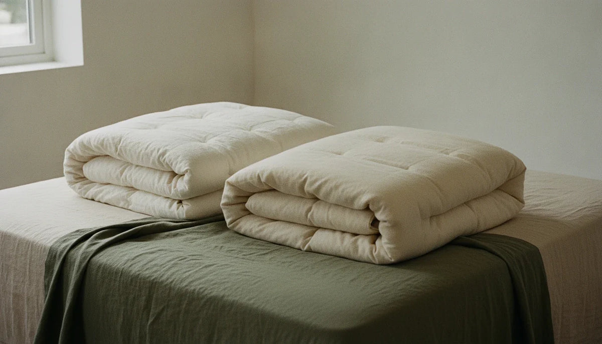 Folded organic cotton and organic wool duvets stacked on a neutral linen bed