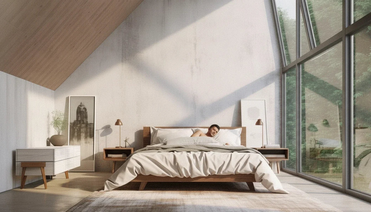 Man sleeping under a cream wool duvet in a bright bedroom with a vaulted angled ceiling