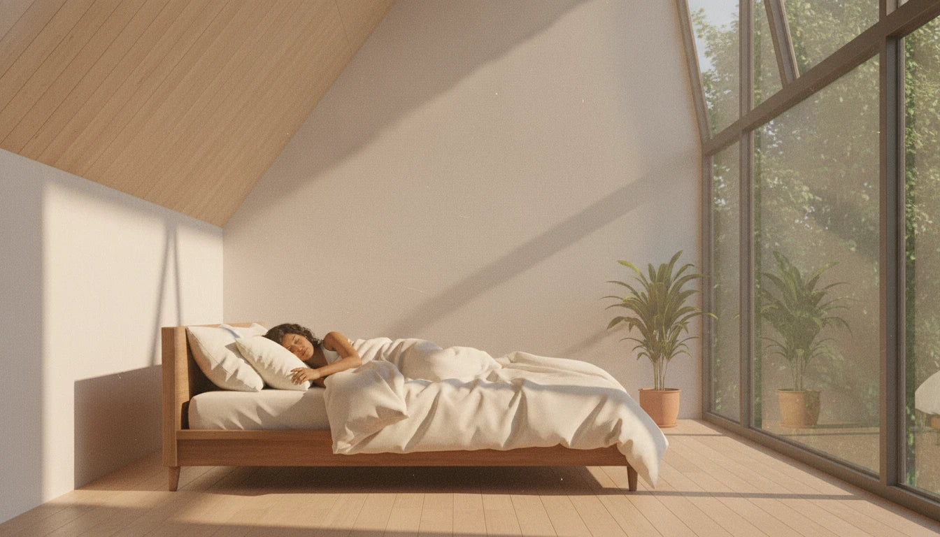Woman sleeping under a cream duvet in a bright bedroom with an angled wood-slat ceiling