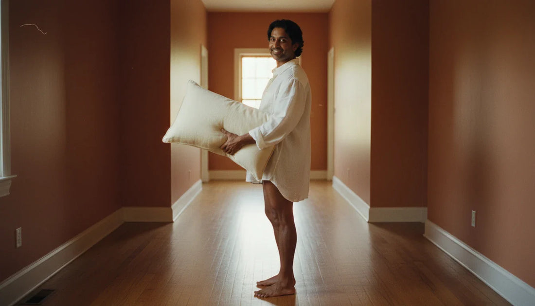 South Asian man in hallway holding Circadian natural pillow with warm smile - standing editorial lifestyle shot