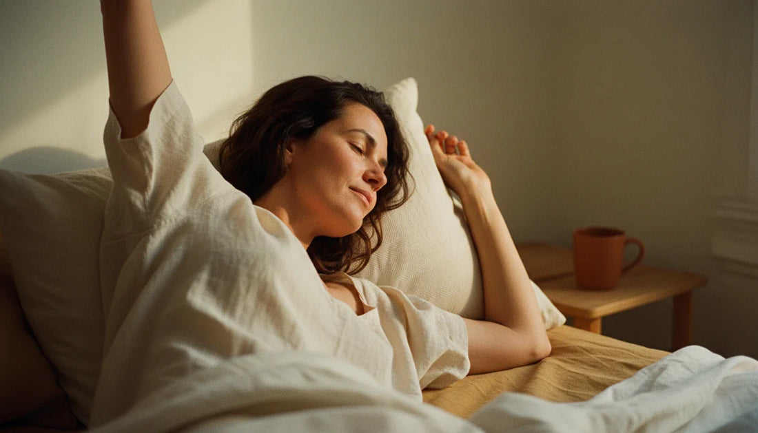 Woman waking up and stretching in bed resting on cream natural fiber pillow — warm morning editorial shot