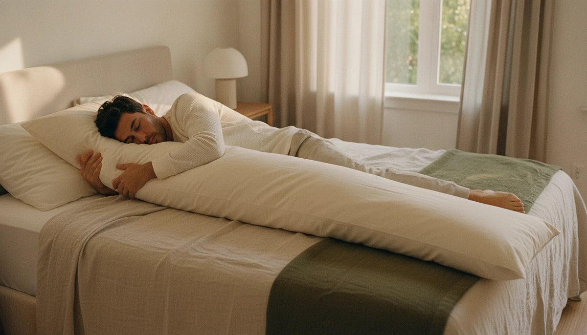 Man hugging a full-length body pillow that runs the length of his body in bed