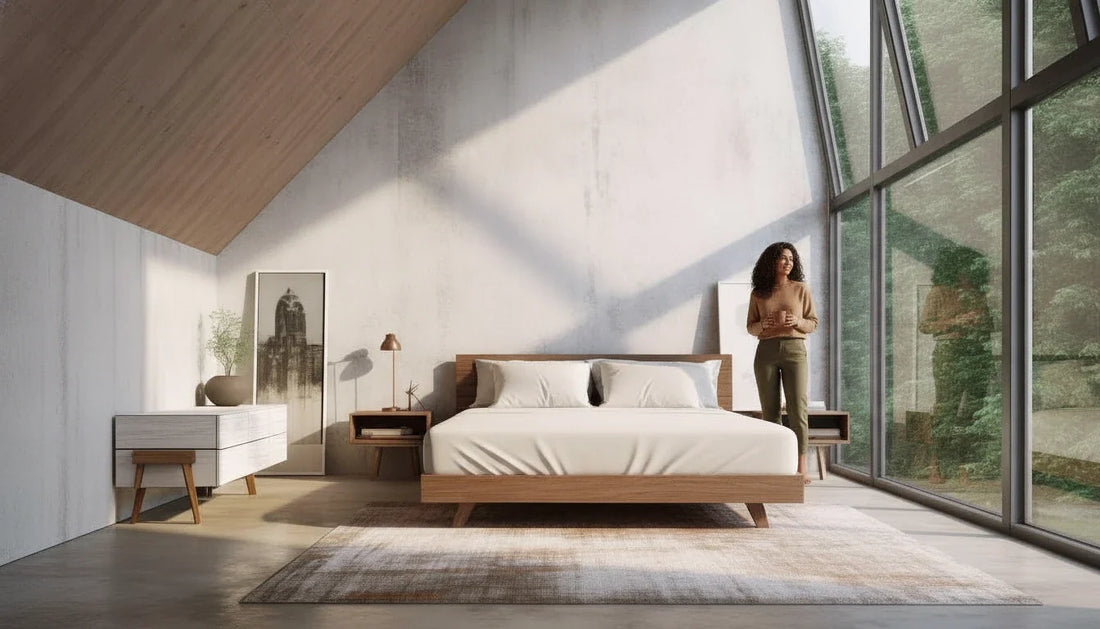 Woman by a forest window in a bright A-frame bedroom with a cream fitted sheet pulled taut over the bed