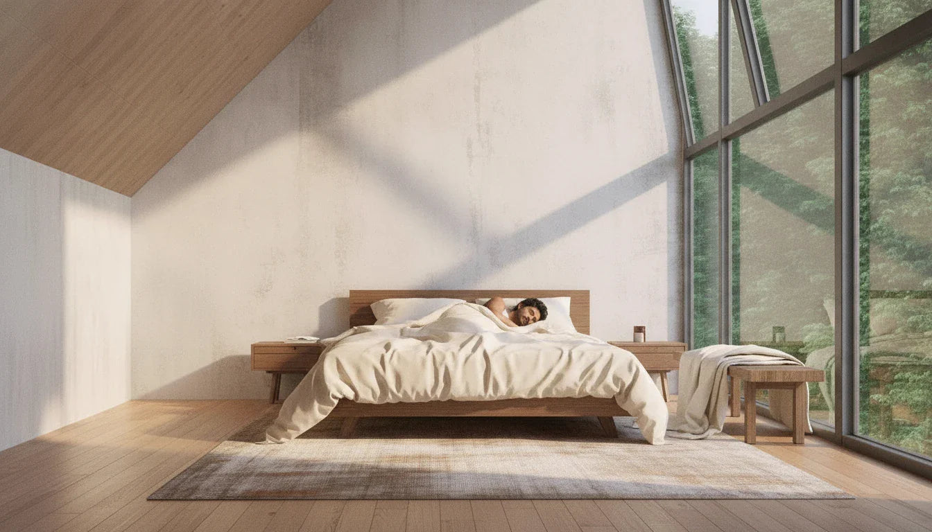 Cream organic cotton duvet on a bed in a bright cathedral-ceiling bedroom with angled wood ceiling