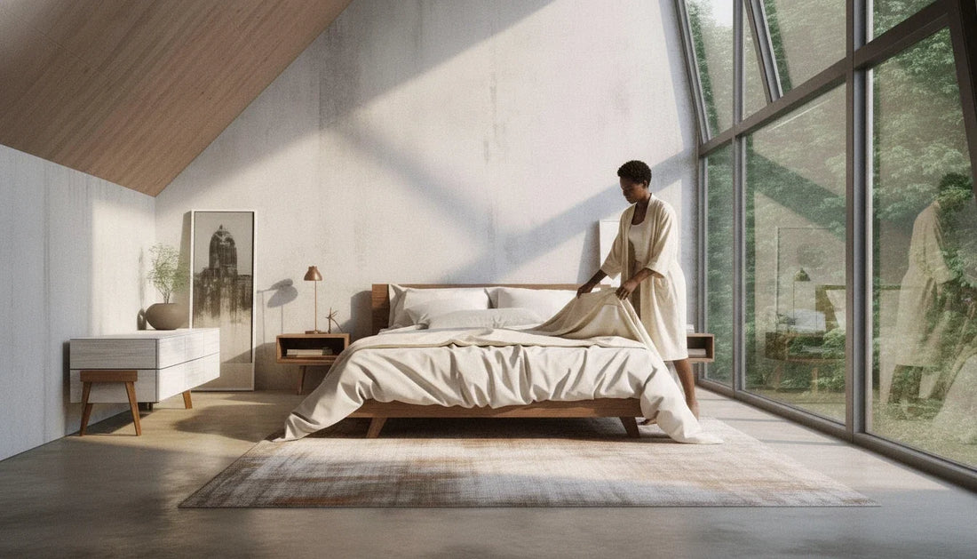 Woman smoothing organic cotton sheets on a made bed in a bright vaulted-ceiling bedroom