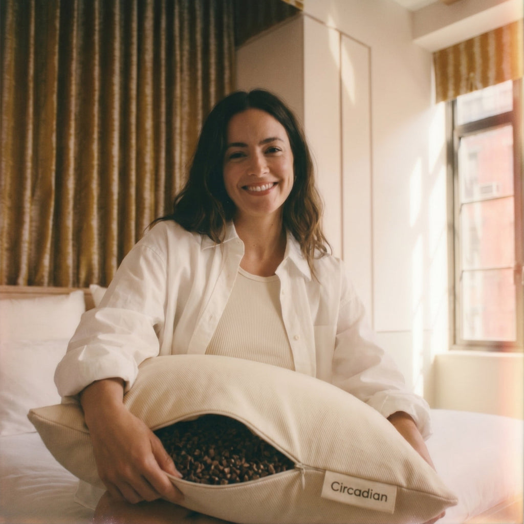 Man with Circadian Buckwheat Pillow, USA-grown buckwheat hulls visible through side zipper, cervical support natural pillow