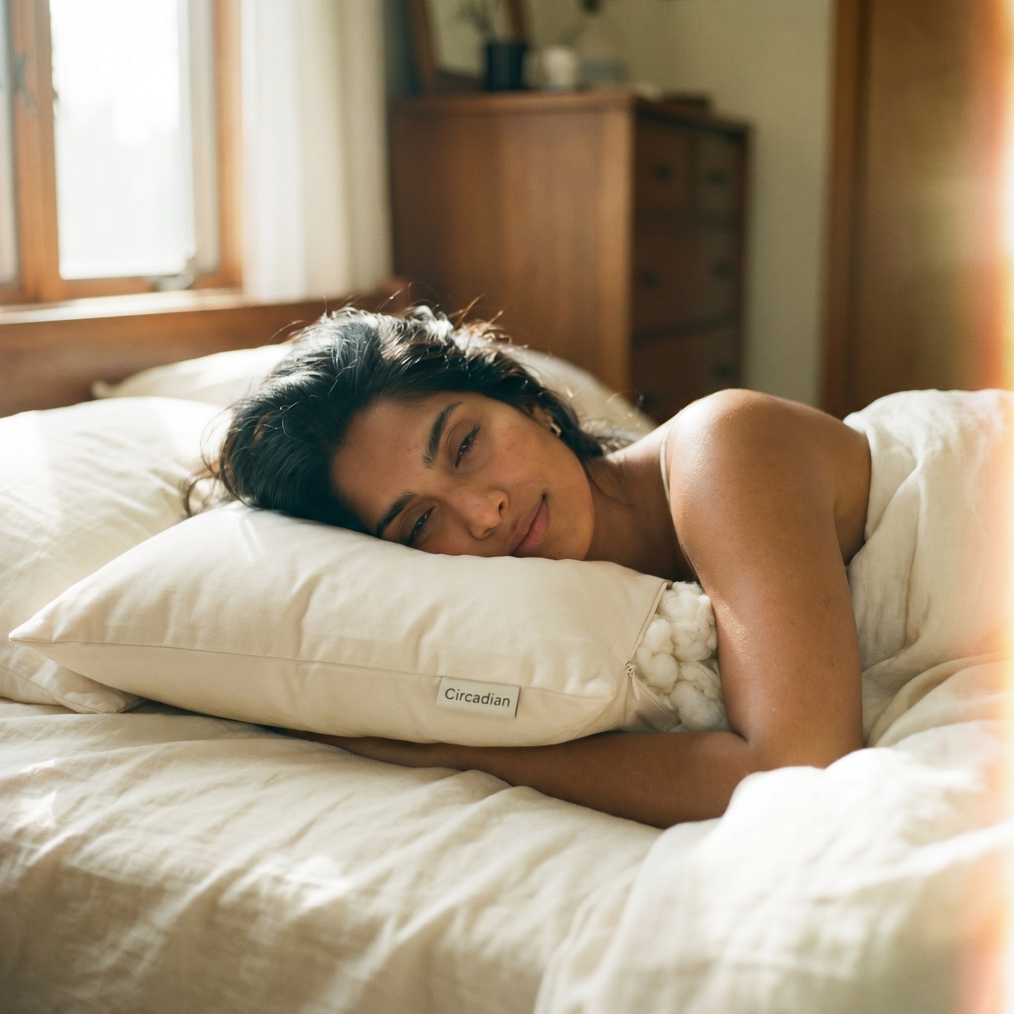 Woman side-sleeping on Circadian Organic Cotton Pillow with GOTS-certified cover, fill visible through side zipper