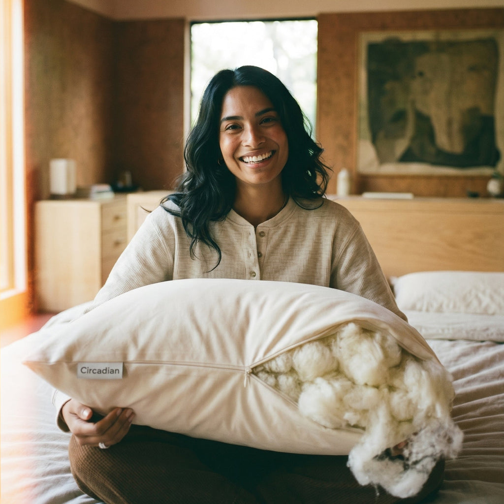 GOTS-certified organic wool pillow on a bed in a cabin bedroom
