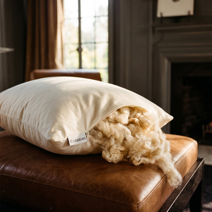 Macro of raw wool fleece, the GOTS-certified organic wool fill inside the Circadian wool pillow