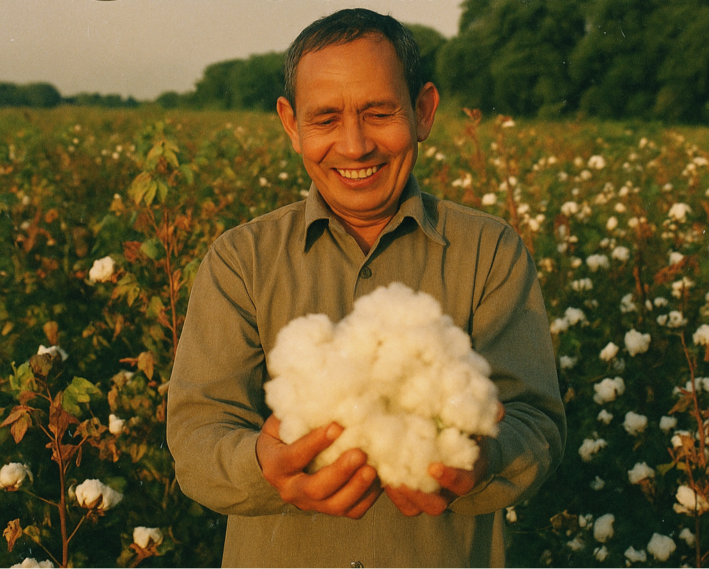 Farmer holding cotton in field — material for organic pillow covers