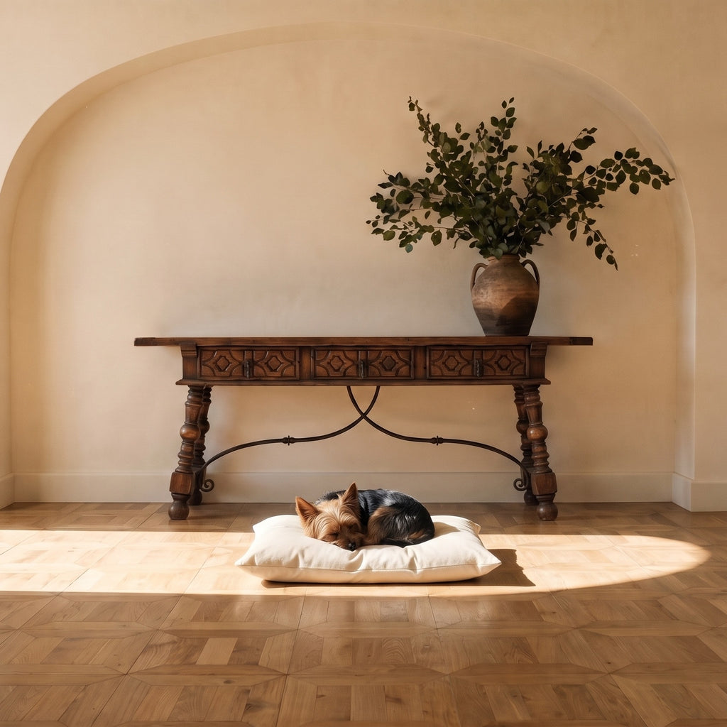 Size guide: Yorkshire Terrier curled on the Small 21 by 14 inch Circadian dog bed