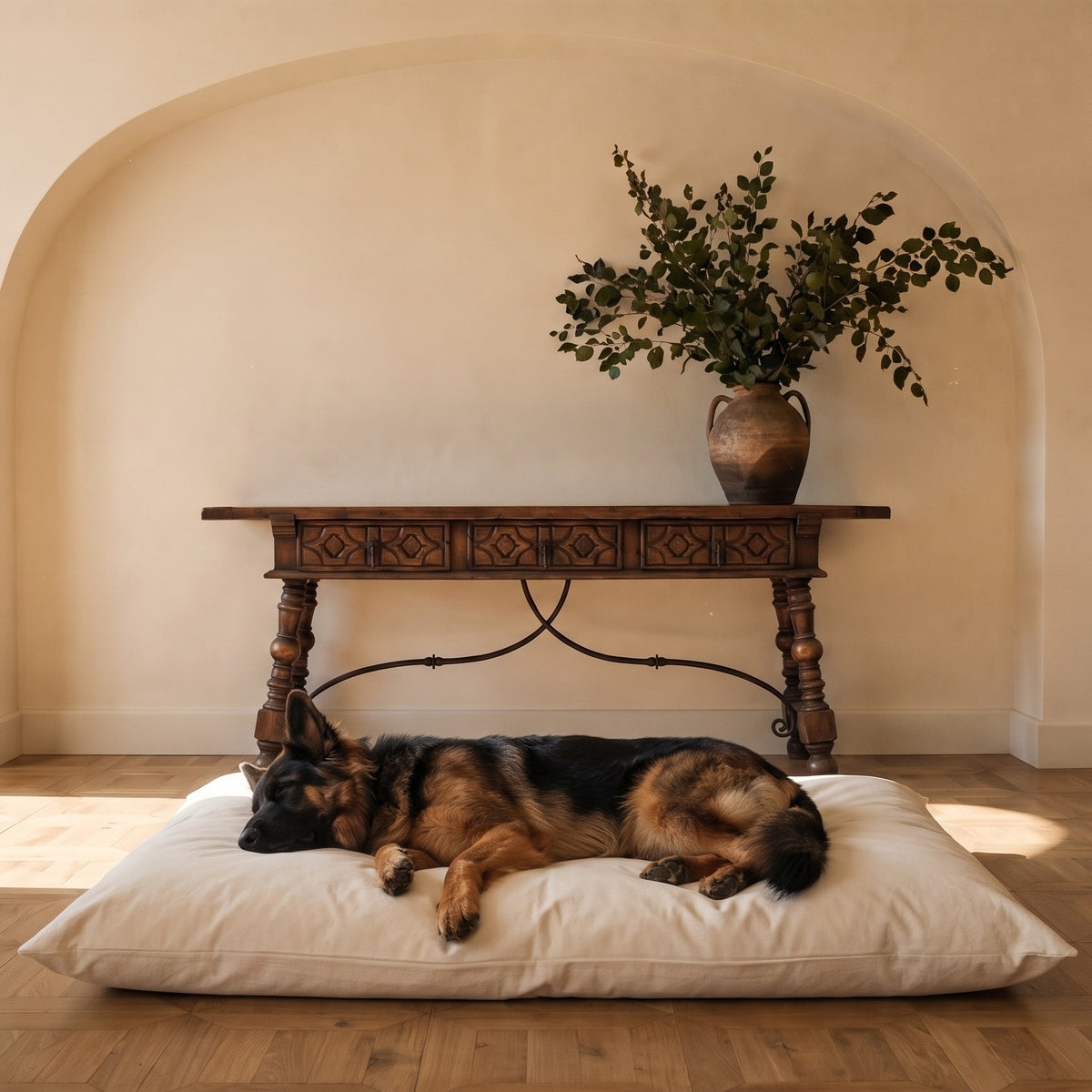 Size guide: German Shepherd stretched out on the XX-Large 48 by 30 inch Circadian dog bed