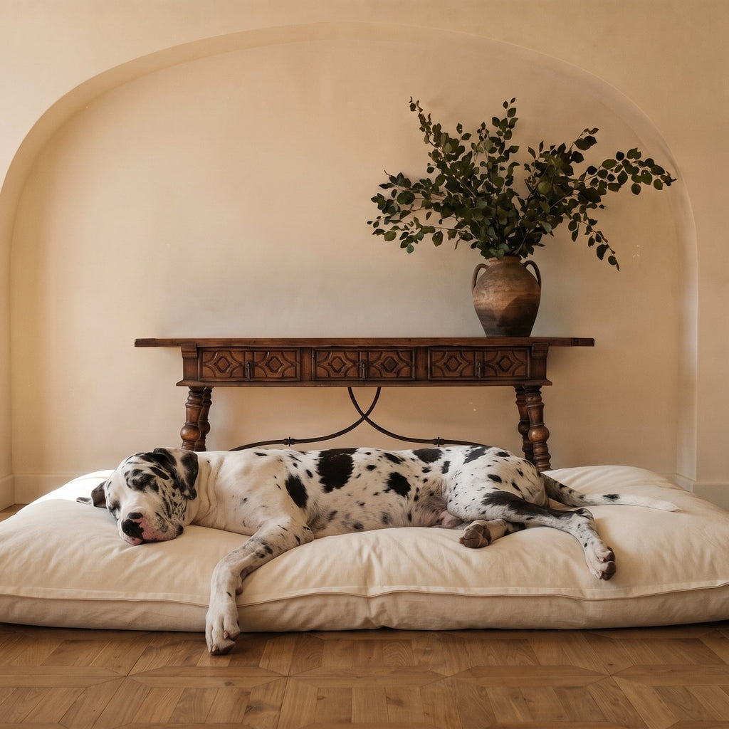 Size guide: Great Dane lying full length on the Giant 54 by 36 inch Circadian dog bed