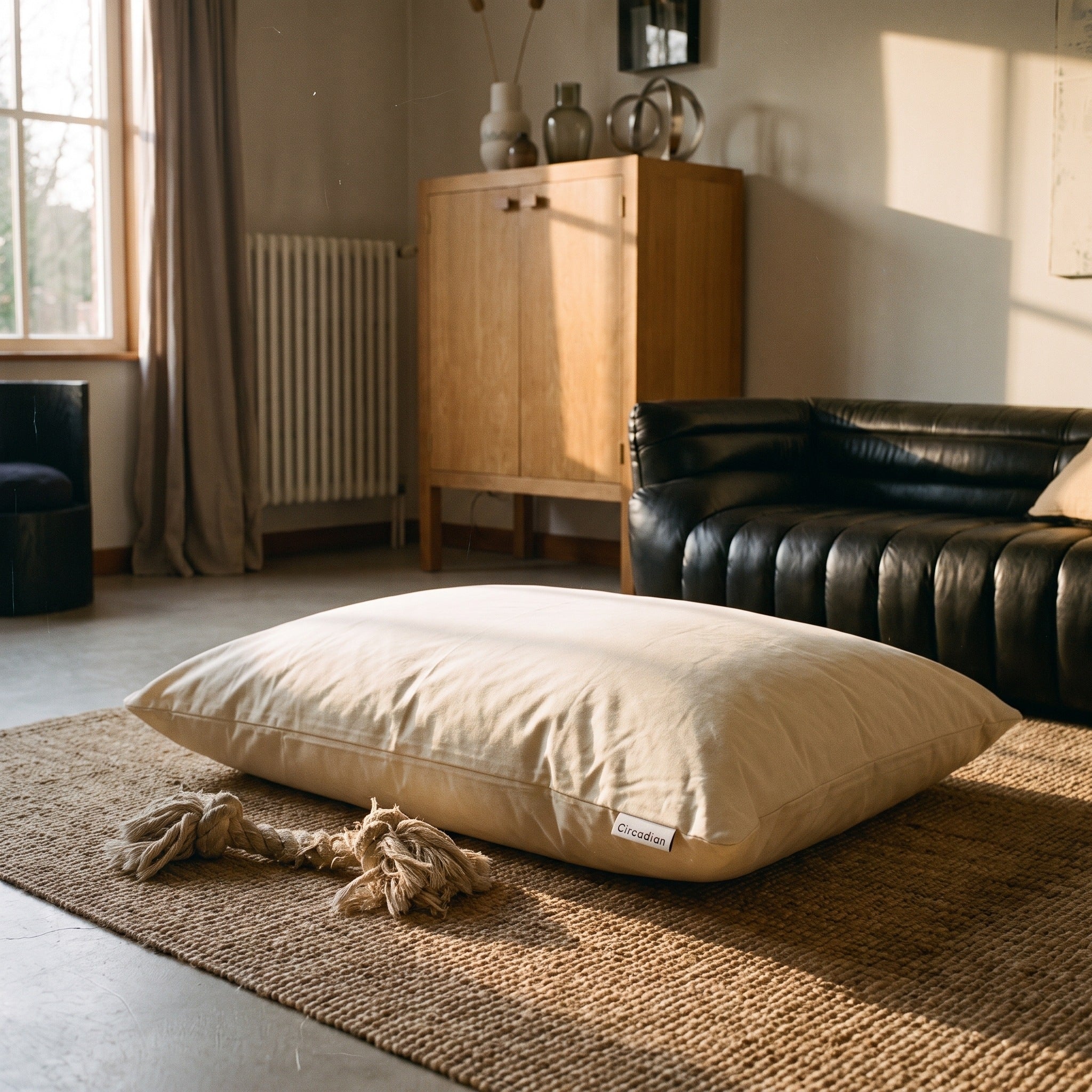 Circadian dog bed filled with washable merino wool, a flat cream cotton cushion on a jute rug beside a leather sofa