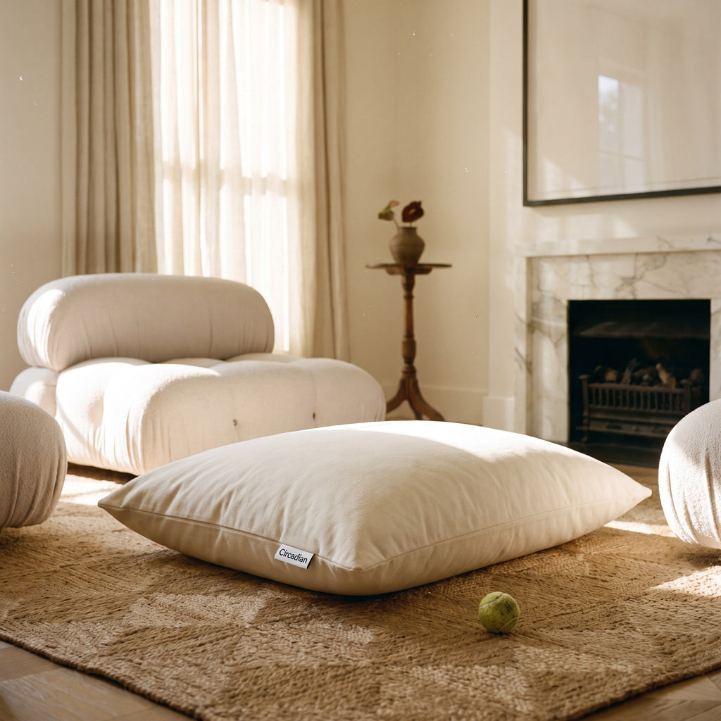 Circadian dog bed filled with shredded tree-tapped latex, a flat cream cotton cushion on a rug in a sunlit sitting room