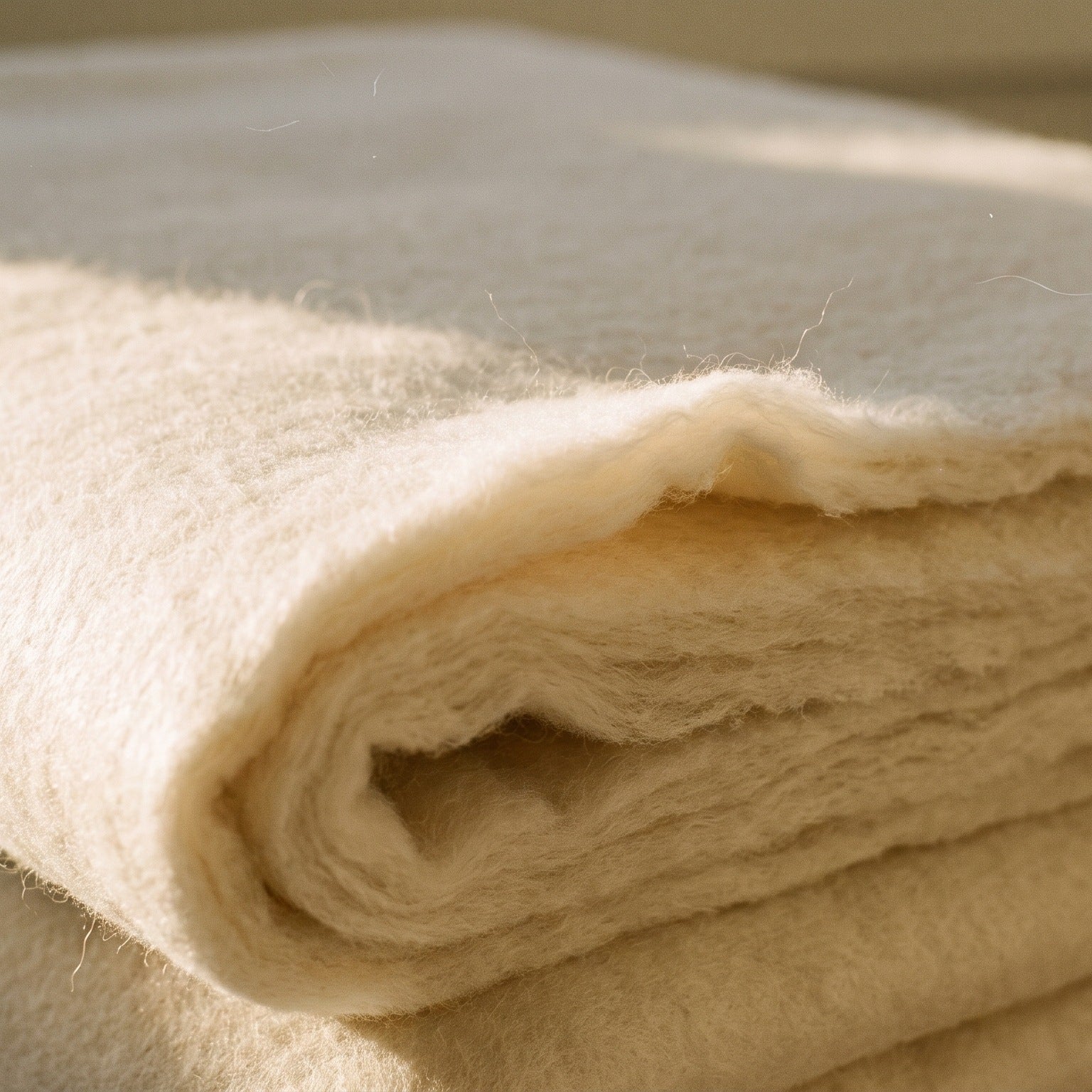 Close view of washable merino wool batting, a folded sheet showing its layers and soft torn edge