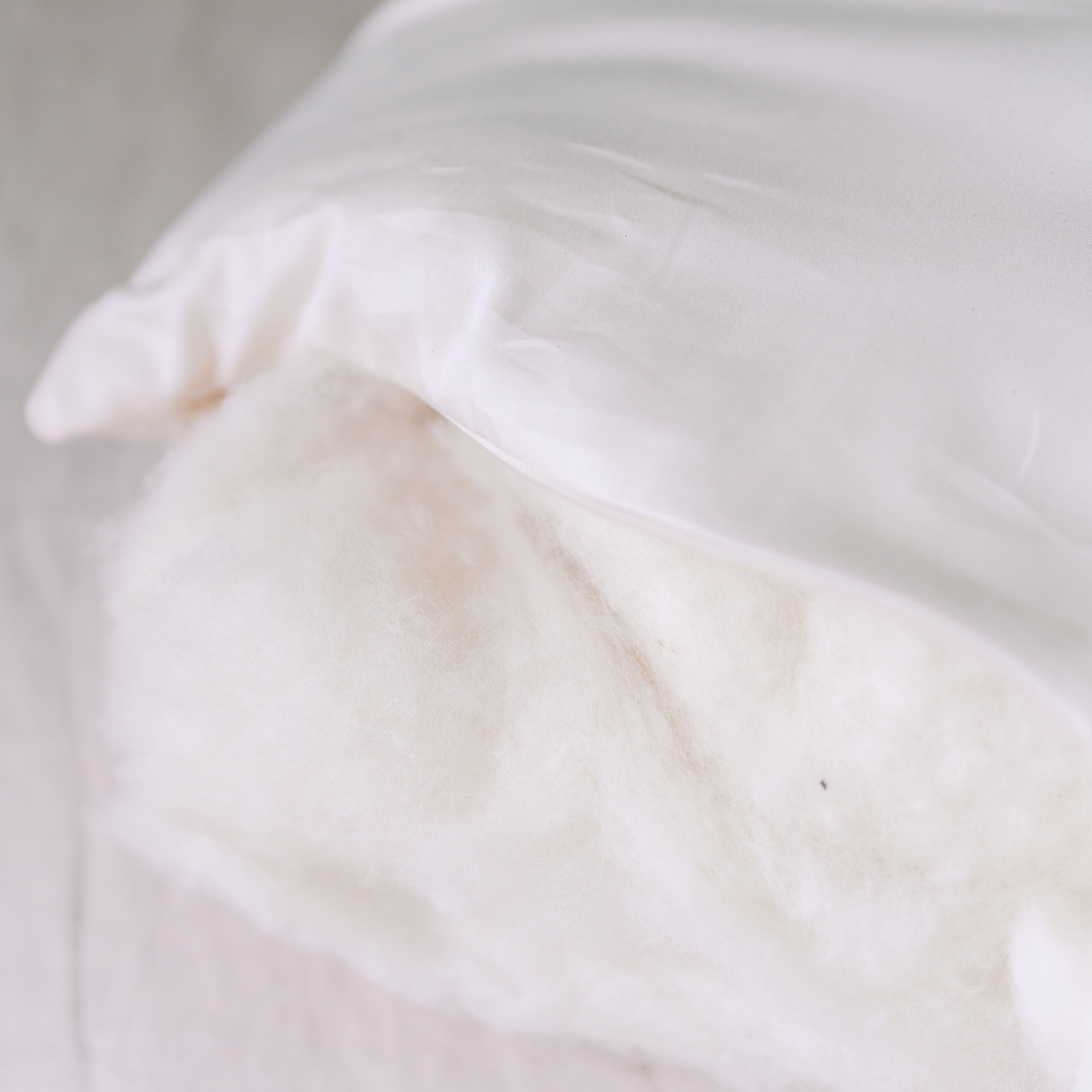 Organic wool fill visible through the open side zipper of a Circadian Organic Wool Pillow, showing the soft crimped wool batting inside.