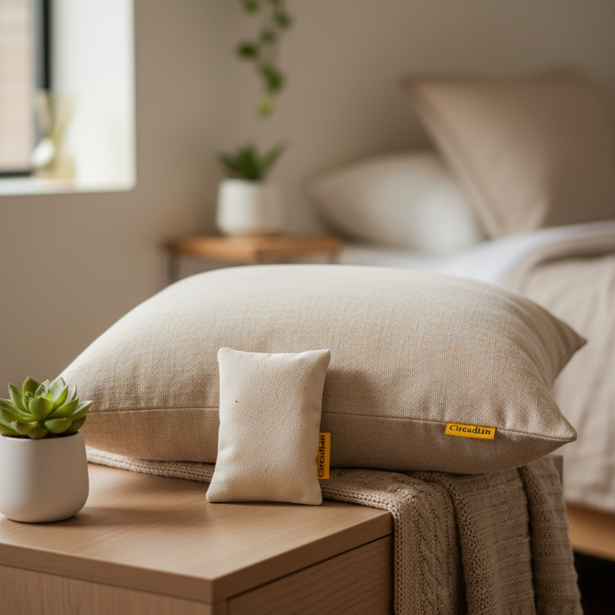 Circadian mini buckwheat pillow on a wooden surface in a cozy bedroom setting.
