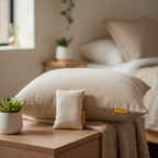 Circadian mini buckwheat pillow on a wooden surface in a cozy bedroom setting.