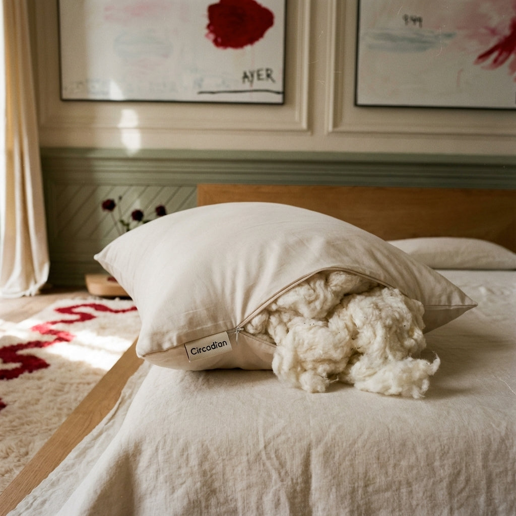 Circadian pillow on a bed with visible brand name in a bedroom setting
