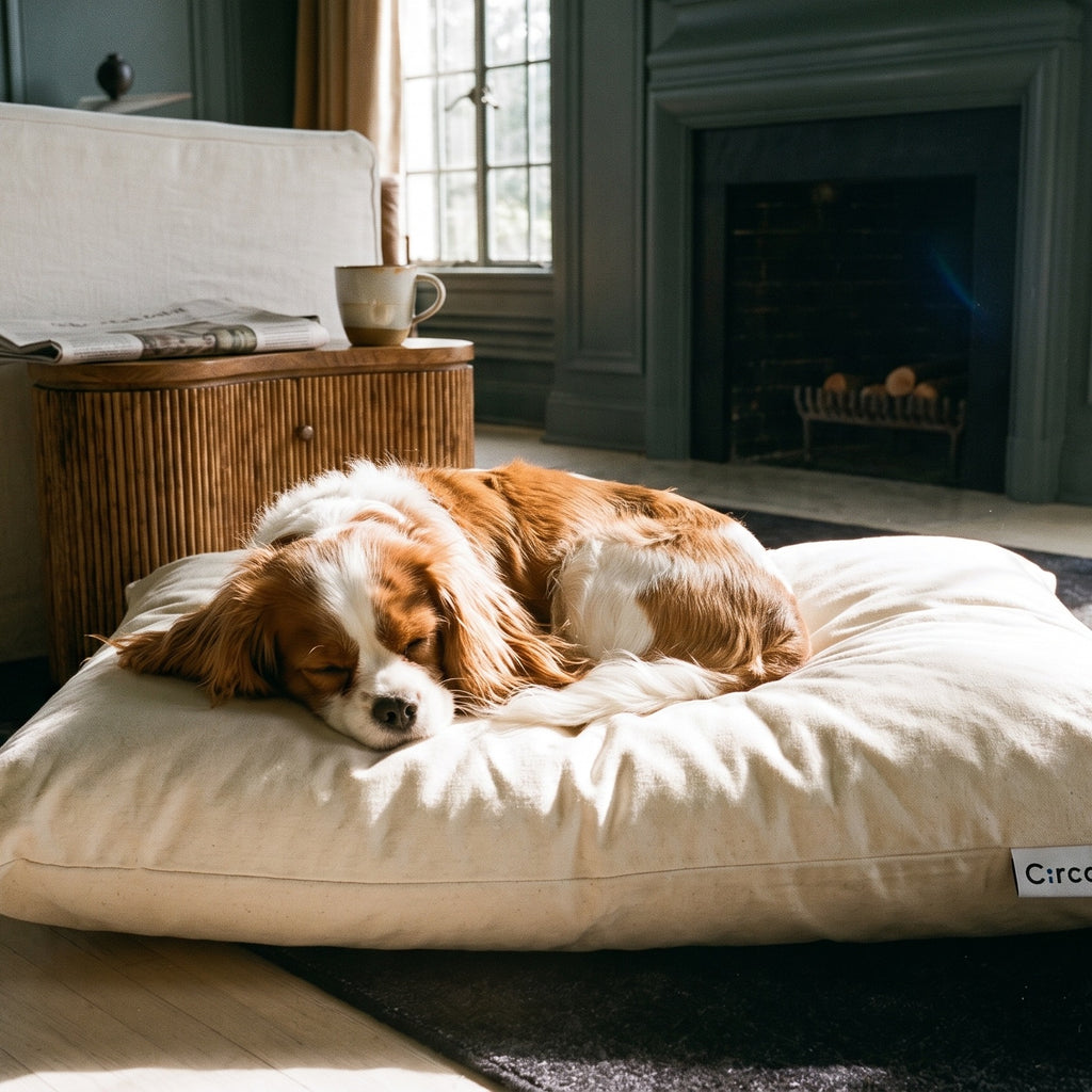 Cavalier King Charles Spaniel curled asleep on a Circadian dog bed in front of a fireplace