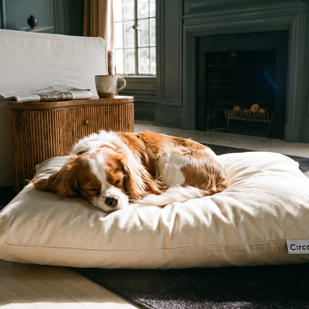 Cavalier King Charles Spaniel curled asleep on a Circadian dog bed in front of a fireplace