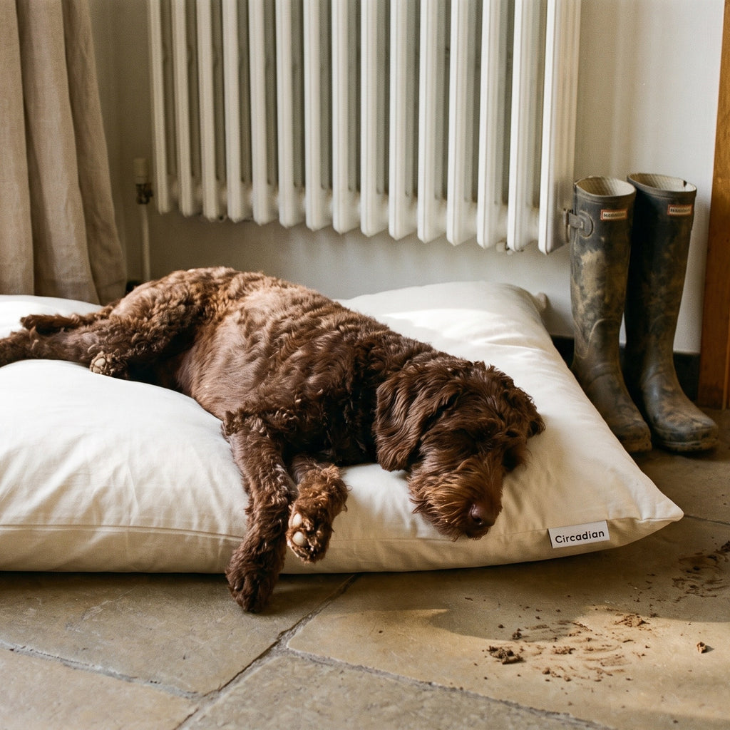 Chocolate Labradoodle sprawled asleep on a Circadian dog bed in a doorway beside a pair of wellington boots