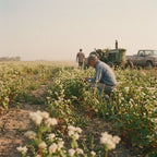 A farmer crouches to check buckwheat in white flower on a US farm, with a tractor and pickup truck behind.