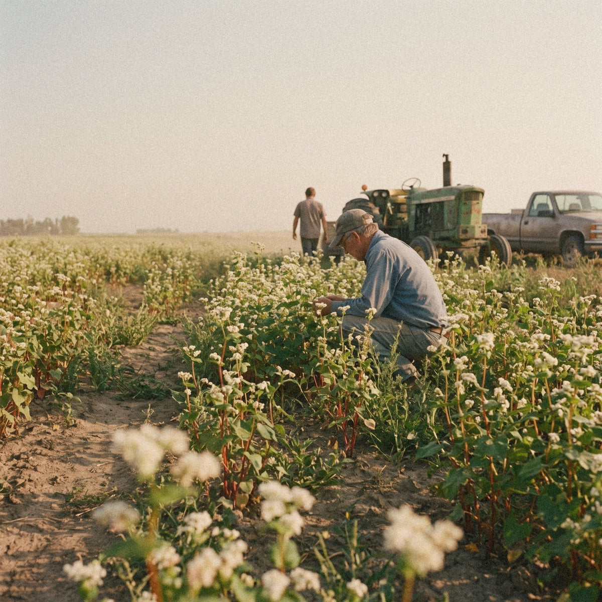 A farmer crouches to check buckwheat in white flower on a US farm, with a tractor and pickup truck behind.