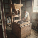 Buckwheat hulls pour from a wooden hopper through a sieve into a wooden bin in a barn workshop, a worker steadying the sieve.