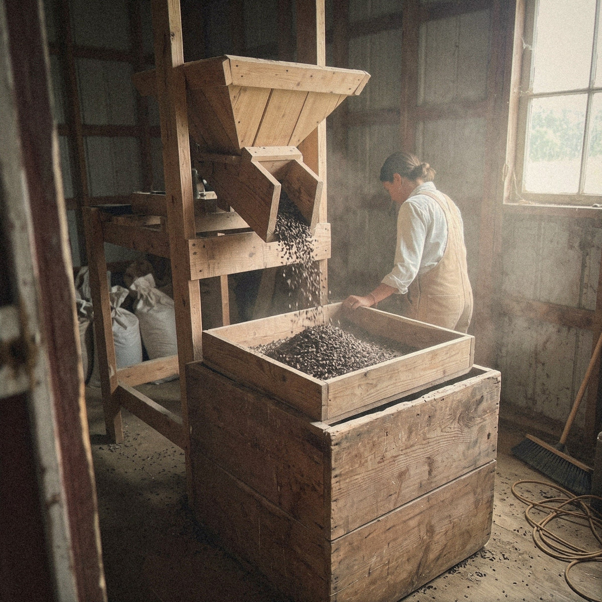 Buckwheat hulls pour from a wooden hopper through a sieve into a wooden bin in a barn workshop, a worker steadying the sieve.