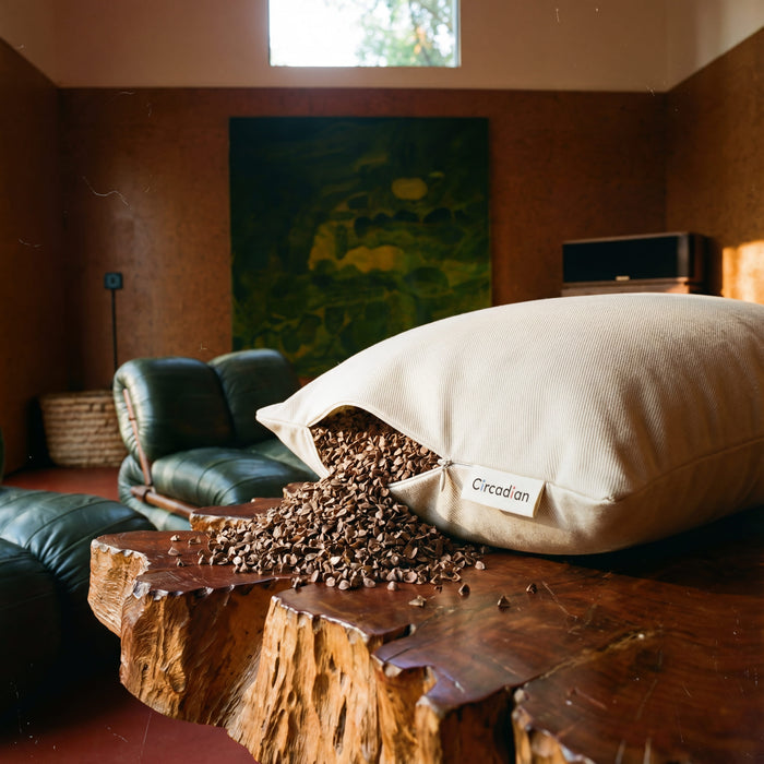 Circadian Buckwheat Pillow with organic cotton cover and adjustable pre-polished USA-grown buckwheat hull fill