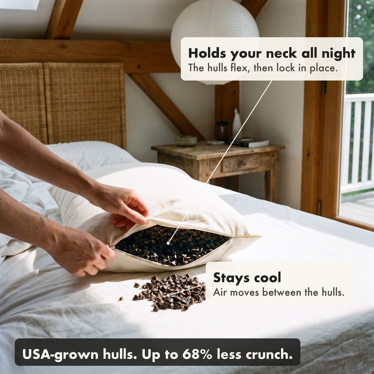 The Buckwheat Pillow opened at the zipper to show its fill. Holds your neck all night: The hulls flex, then lock in place. Stays cool: Air moves between the hulls. USA-grown hulls. Up to 68% less crunch.