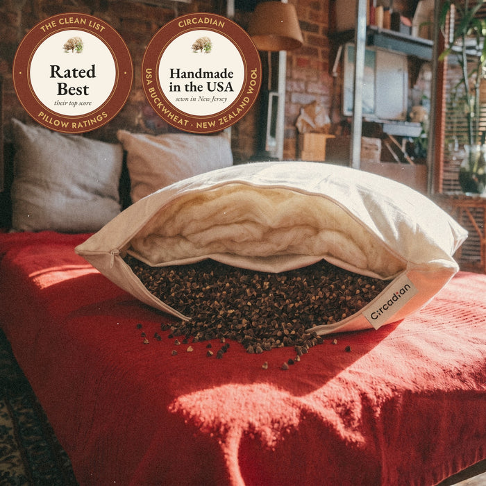 A Circadian Buckwool Hybrid Pillow lies on a red daybed in morning sun, unzipped so you can see wool in one chamber and buckwheat hulls in the other, with a few hulls spilled on the cover. The seals read Rated Best by The Clean List, and Handmade in the USA from USA buckwheat and New Zealand wool.