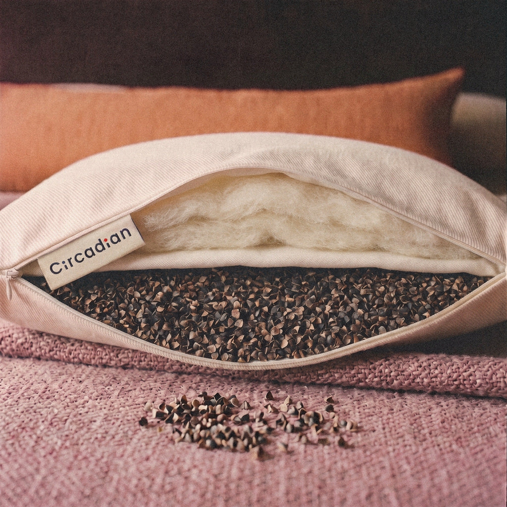 Our woven Circadian label sits beside the open zipper of the Buckwool Hybrid Pillow, where you can see the wool chamber, the hull chamber and a few hulls on the blanket.