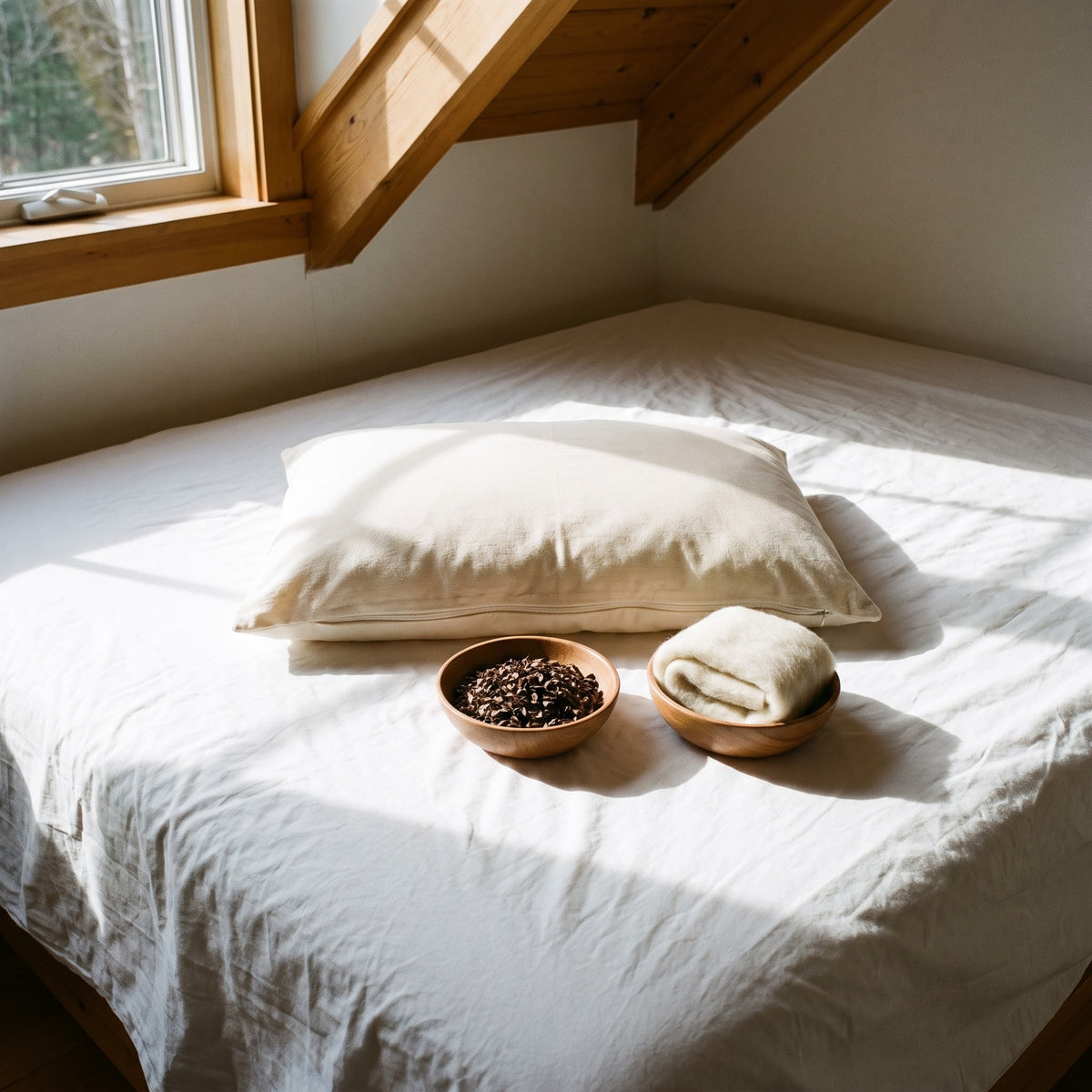 Circadian Buckwool Hybrid Pillow zipped closed on a white sheet, beside a bowl of buckwheat hulls and a bowl of folded wool.